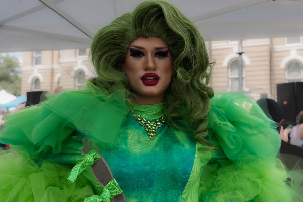 San Marcos local drag queen Malibu Imported gets ready to address the crowd at the SMTX Pride Festival, Saturday, Sept 10, 2022, at the Hays County Courthouse.