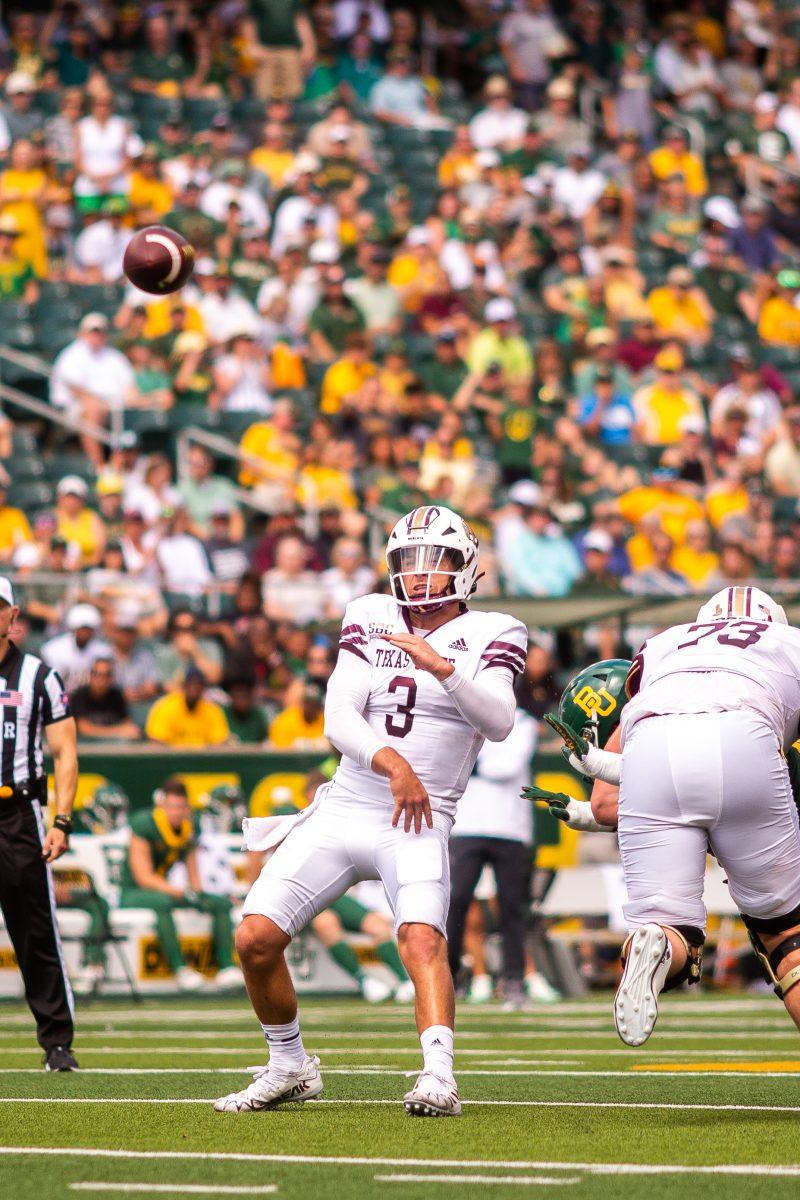 Texas State redshirt junior quarterback Layne Hatcher (3) passes the ball to an open receiver during a game against Baylor, Saturday, Sept. 17, 2022, at McLane Stadium. The Bobcats lost 42-7.