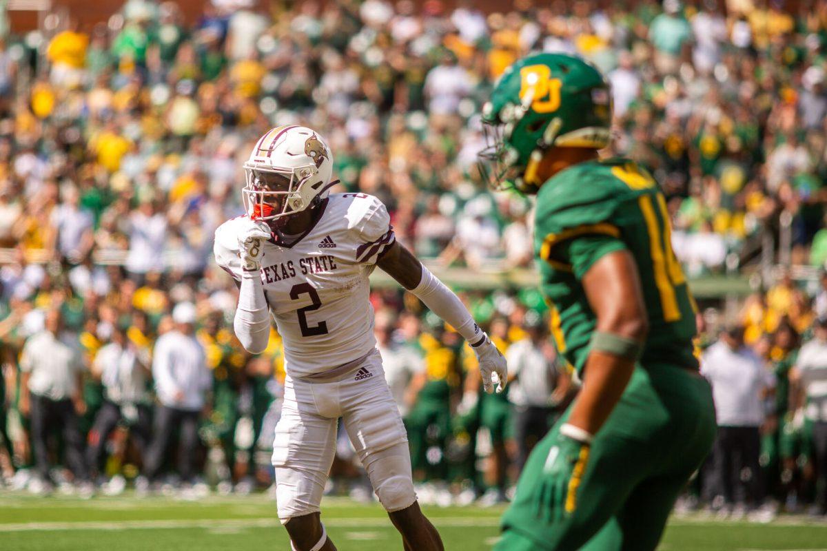 Texas State sophomore wide receiver Ashtyn Hawkins (2) regroups for the next offensive play during a game against Baylor, Saturday, Sept. 17, 2022, at McLane Stadium. The Bobcats lost 42-7.