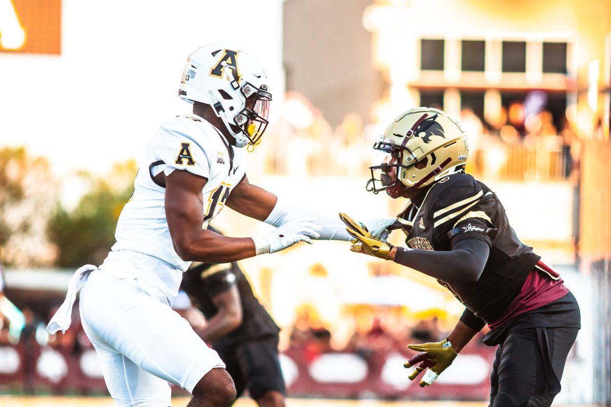 Texas State redshirt senior cornerback Kordell Rodgers (3) covers a Mountaineers receiver during a game against Appalachian State University, Saturday, Oct. 8, 2022, at Bobcat Stadium. The Bobcats won 36-24.