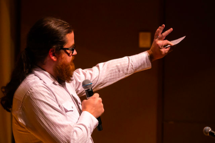 Texas State professor Jordan Stern delivers a speech on his experiences at Southwest Texas State at Star Stories, Wednesday, Oct. 12, 2022 at the Performing Arts Center in San Marcos, Texas.