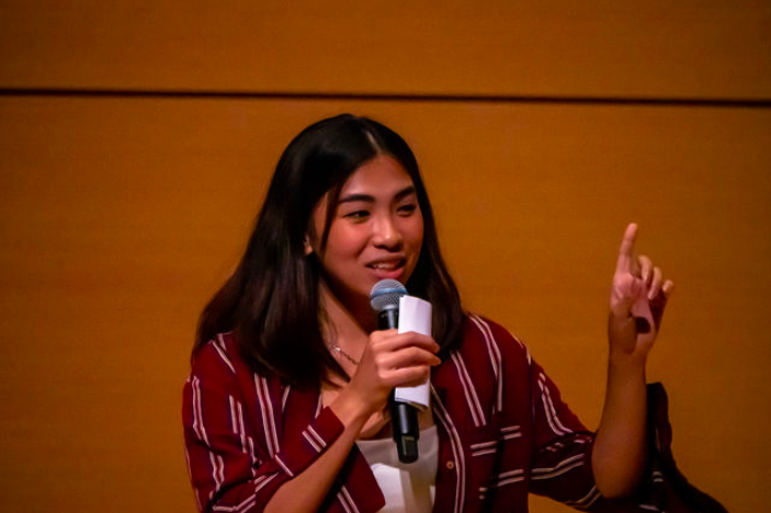 Texas State electronic media sophomore Luis "Wiski" Ignacio delivers a speech on moving to the U.S. after spending her childhood in the Philippines at Star Stories, Wednesday, Oct. 12, 2022 at the Performing Arts Center in San Marcos, Texas.