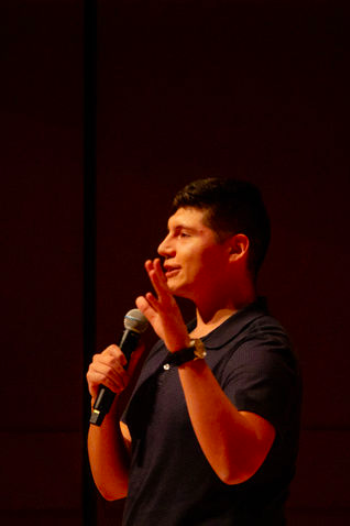 Texas State chemistry senior Edgar Torres delivers a speech on moving to the U.S. at Star Stories, Wednesday, Oct. 12, 2022 at the Performing Arts Center in San Marcos, Texas.