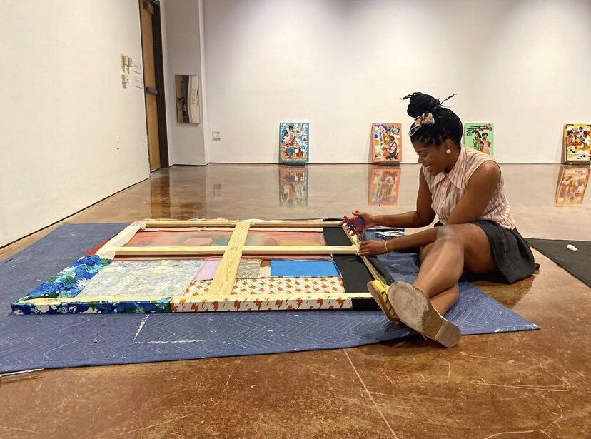 Artist Dana Robinson puts the finishing touches on one of her pieces, Womens Work, in preparation for the opening day of her exhibit titled Just Us Chickens, Aug. 18, 2022, at Texas State Galleries.