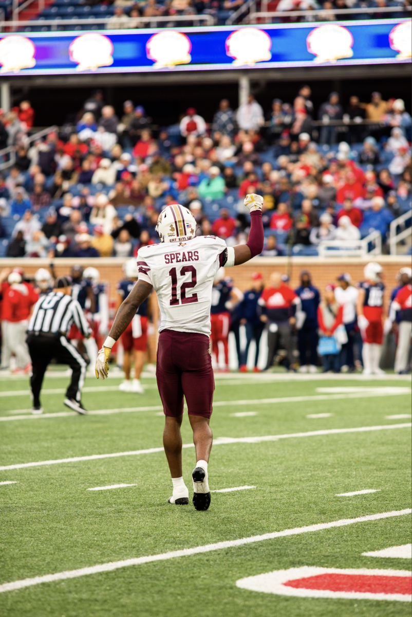 Texas State junior safety Tory Spears (12) pumps his fist in the air after a play during a game against South Alabama, Saturday, Nov. 12, 2022, at Hancock Whitney Stadium.