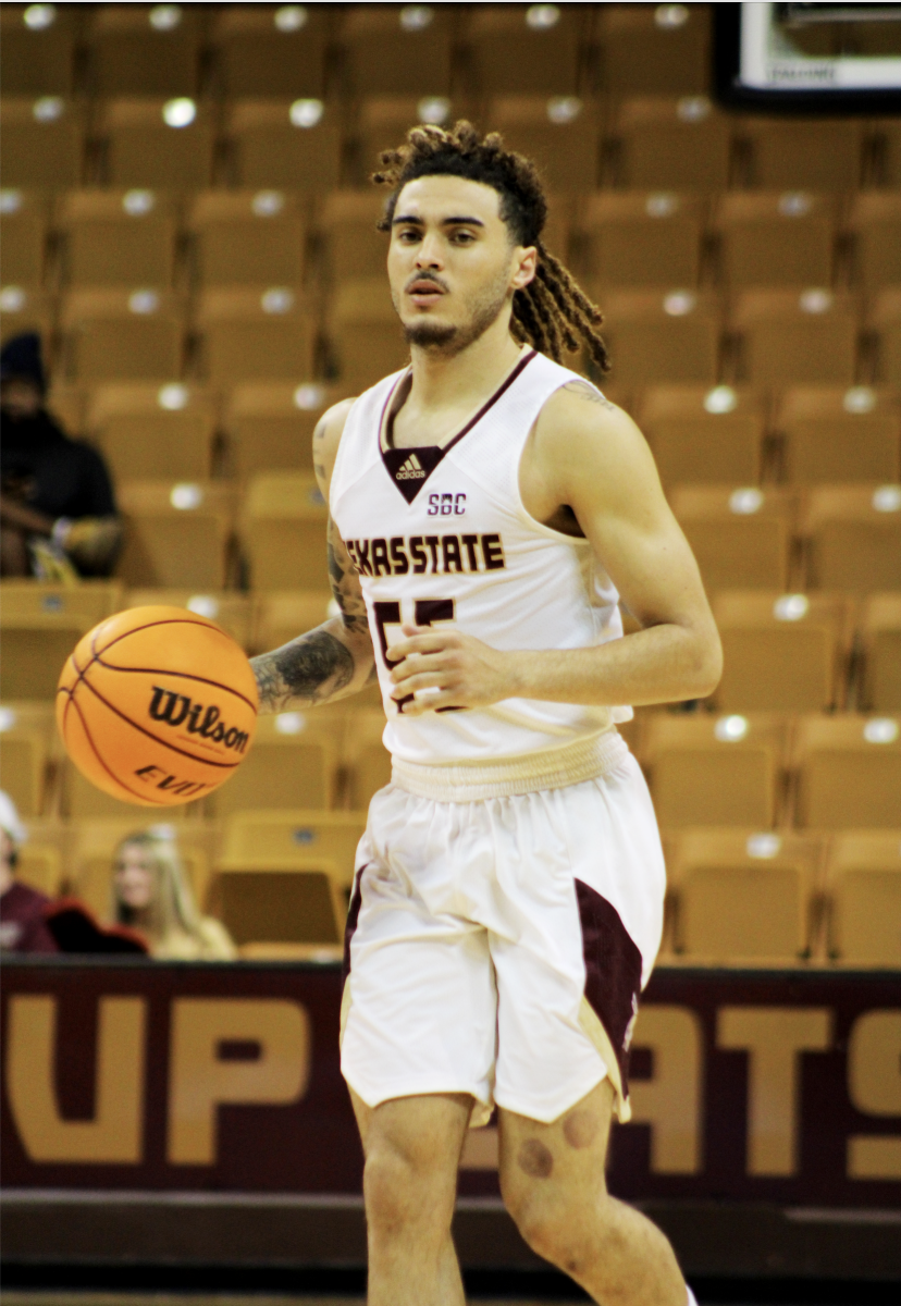Texas+State+senior+guard+Drue+Drinnon+%2855%29+look+down+court+for+his+teammates+in+a+game+against+Mid-America+Christian+University%2C+Thursday%2C+Nov.+10%2C+2022.+The+Bobcats+won+71-53.%26%23160%3B
