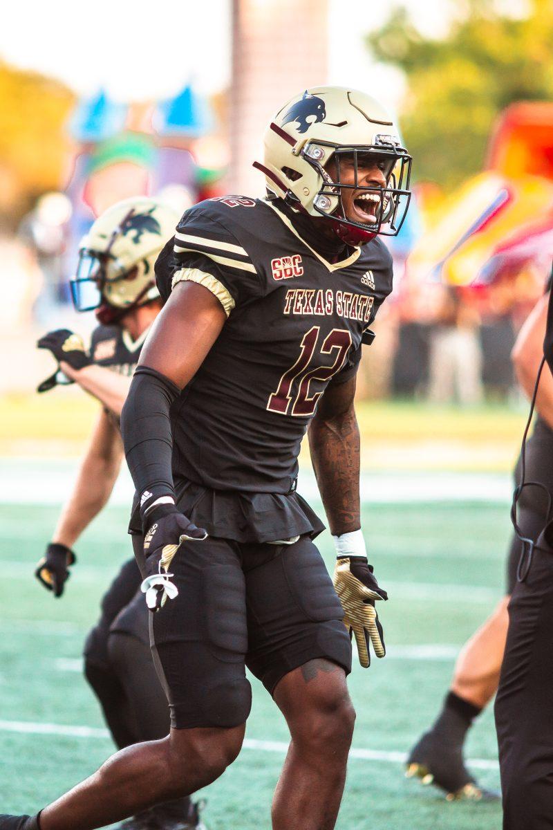 Texas State redshirt junior safety Tory Spears (12) celebrates after a defensive play during a game against Appalachian State University, Saturday, Oct. 8, 2022, at Bobcat Stadium. The Bobcats won 36-24.