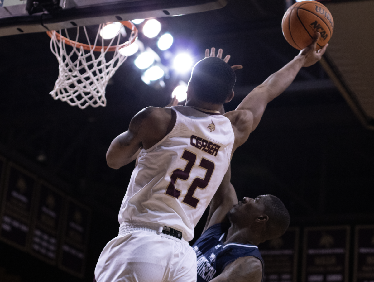 Texas State senior forward Nighael Ceaser (22) jumps layout against Georgia Southern, Thursday, Jan 26, 2023, at the Strahan Arena. The Bobcats won 70-67.