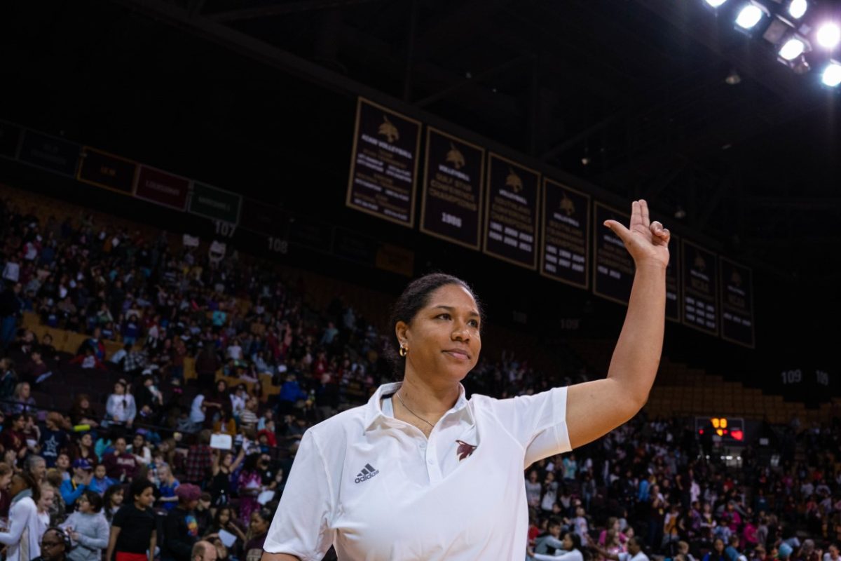 Texas State womens basketball head coach Zenerae Antoine gets recognition for becoming the winningest coach in program history after a victory against Georgia State on Thursday, Jan. 12, 2023. The Bobcats won 64-48.
