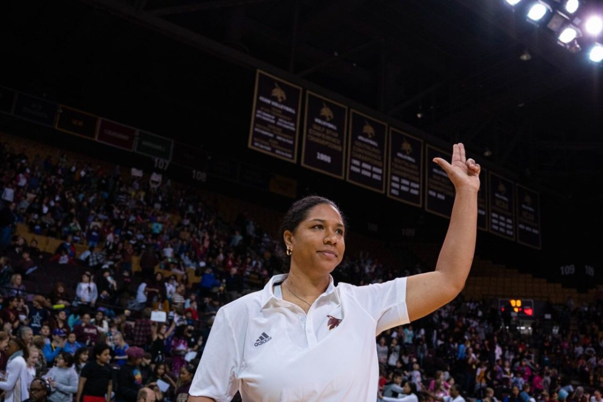 Texas State women's basketball Head Coach Zenerae Antoine gets recognition for becoming the winningest coach in program history after a victory against Georgia State, Thursday, Jan. 12, 2023, at Strahan Arena.