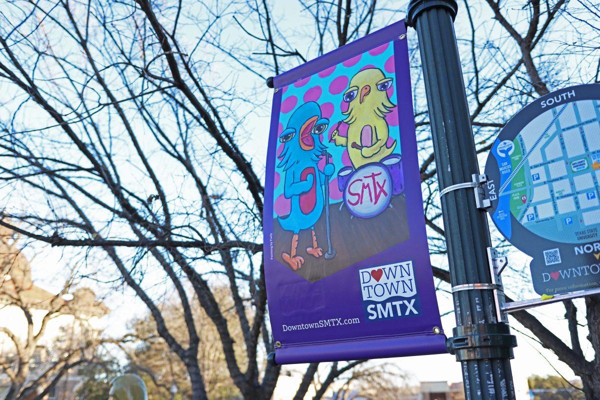 A Furly Art banner hangs on a streetlamp, Sunday, Feb. 5, 2023, in Downtown San Marcos.