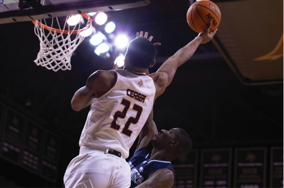 Texas State senior forward Nighael Caesar (22) goes for a lay-up against Georgia Southern University, Thursday, Jan. 26, 2023, at Strahan Arena. The Bobcats won 70-67.