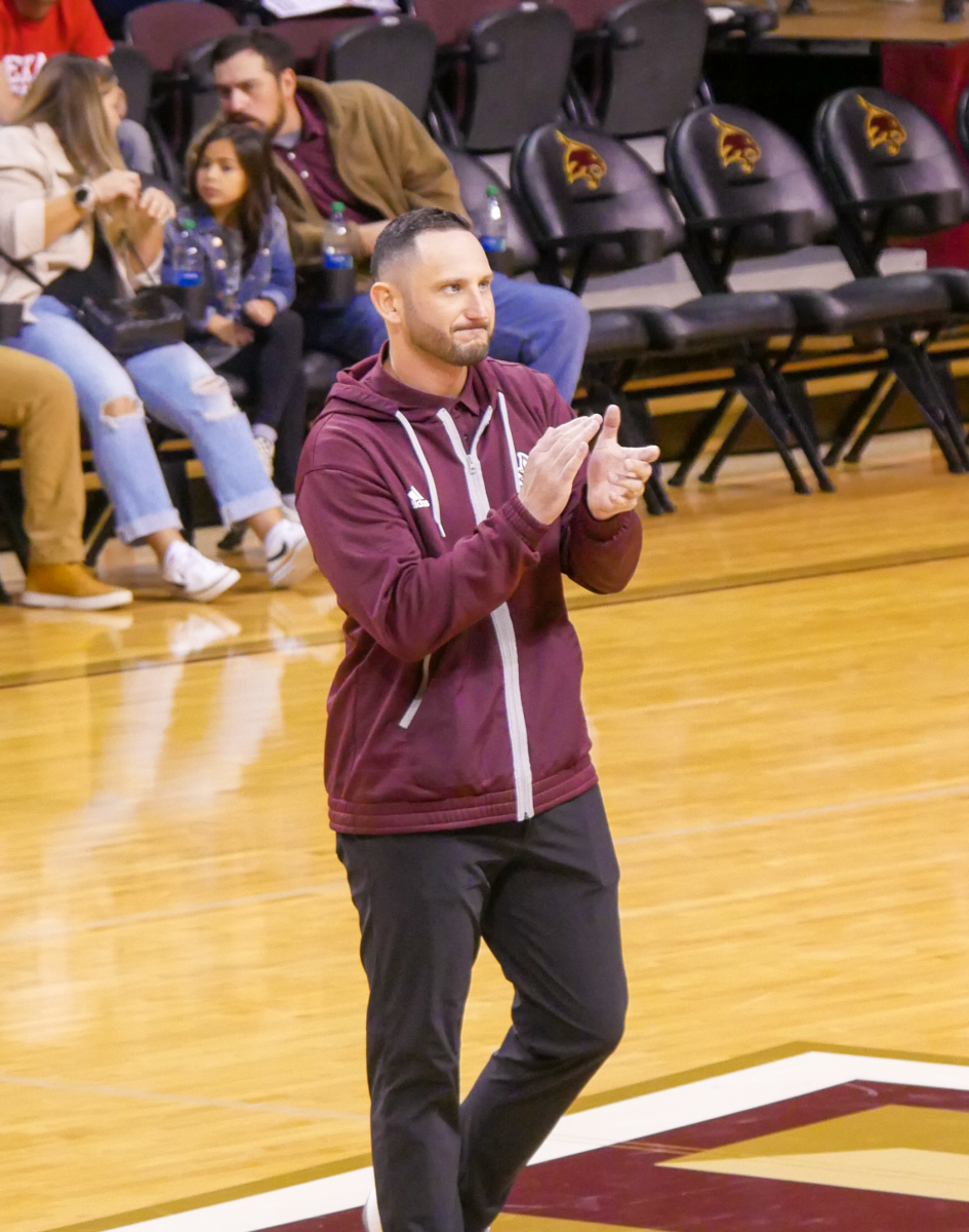 New Texas State football head coach G.J. Kinne gets introduced at a Texas State mens basketball game, Saturday, Dec. 4, 2022.