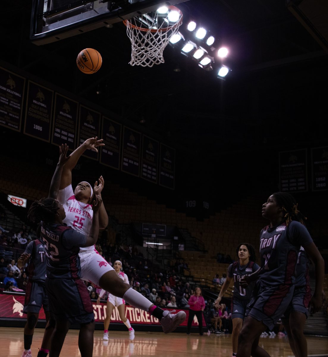 Texas State redshirt senior forward Lauryn Thompson (25) goes for a layup against Troy University, Thursday, Feb. 2, 2023, at Strahan Arena. The Bobcats lost 84-78.