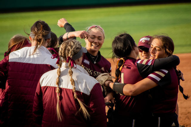 Texas+State+softball+team+celebrates+after+retiring+the+inning+during+the+home+opener+against+the+University+of+Oregon%2C+Thursday%2C+Feb.+17%2C+2022%2C+at+Bobcat+Softball+Stadium.+The+Bobcats+lost+3-7.