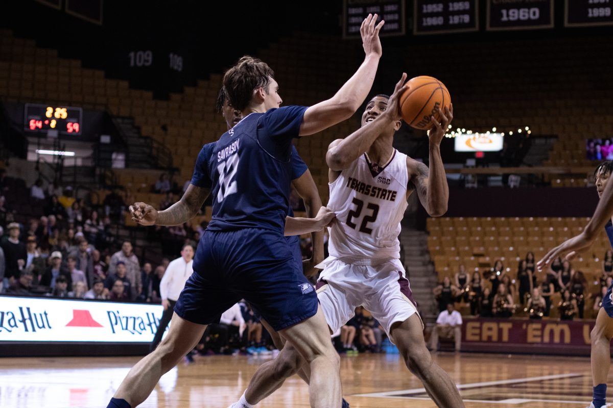 Texas State senior forward Nighael Ceaser (22) anticipates scoring against Georgia Southern University, Thursday, Jan. 26, 2023, at the Strahan Arena. The Bobcats won 70-67.