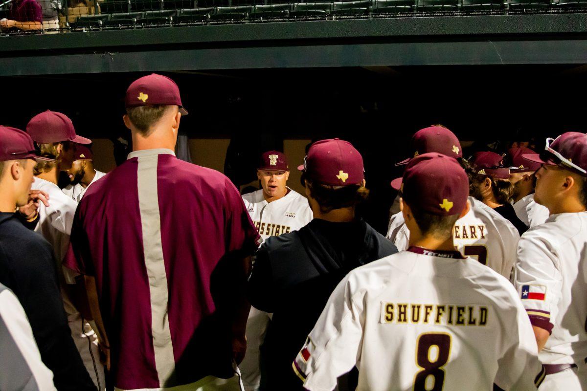 Texas State head baseball coach Steven Trout talks with his team after the Bobcats first game of the NCAA Baseball Stanford Regional against UC Santa Barbara, Friday, June 3, 2022, at Klein Field at Sunken Diamond in Palo Alto, Calif.