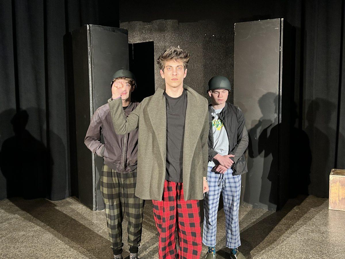 Texas State student actors Nicholas May (left), Connor B. Duncan and Calin Eastes rehearse for Slaughterhouse-Five, Sunday, March 19, 2023, at the Theatre Center. The cast started their last week of rehearsals with a pajama day.