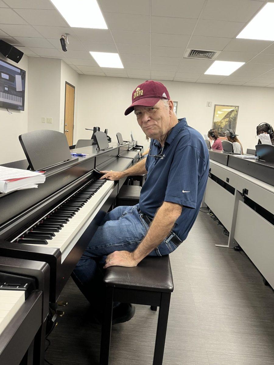 Texas State jazz freshman Steve Ussery sits at the piano before his class he takes with his wife, Sunday, April 15, 2023.