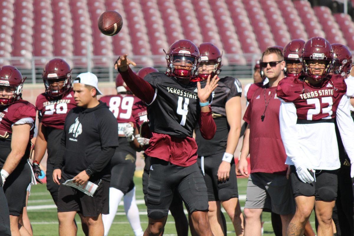 Texas State junior quarterback Malik Hornsby throw a down the field at spring practices, Saturday, April 1, 2023, at Bobcat Stadium.