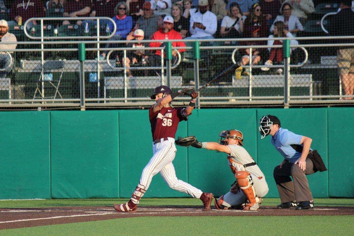 Texas State freshman infielder Chase Mora (36) steps up to bat during the game against Texas, Monday, April 10, 2023, at Bobcat Stadium.
