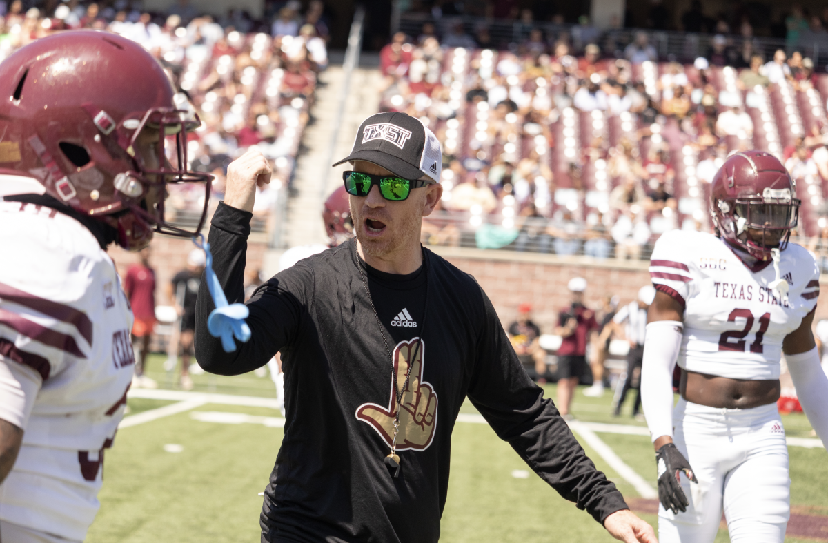 Texas State special teams coordinator and associate head coach Daniel Da Prato explains to team white the next play during the spring game, Saturday, Apr. 22, 2023, at Bobcat Stadium.
