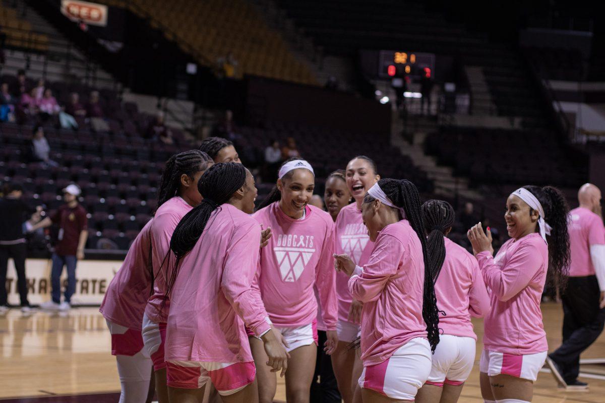 Texas State Bobcats hype each other up before the game, Thursday Feb. 2, at Strahan Arena. 