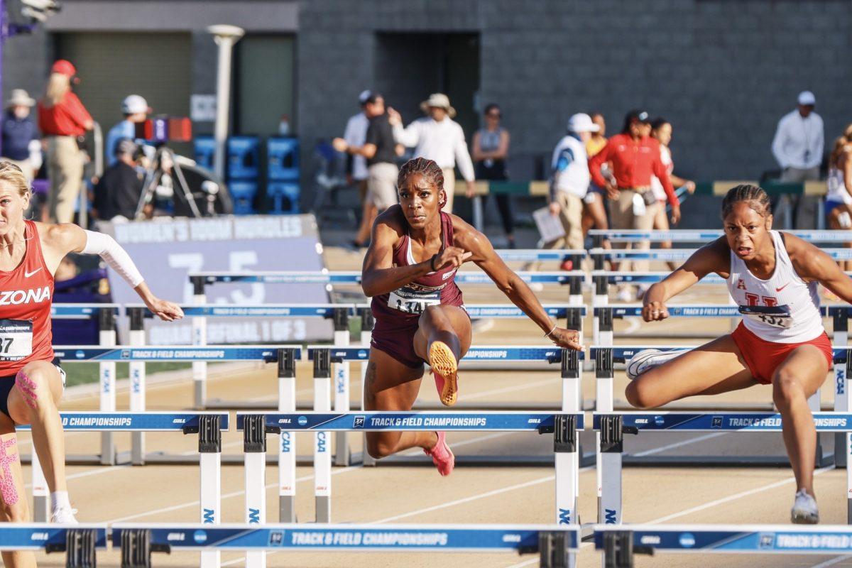 Redshirt senior sprinter Sedrickia Wynn leaps over a hurdle during the womens 100-meter hurdles event at the 2023 NCAA West Prelims, Saturday, May. 27, 2023. 