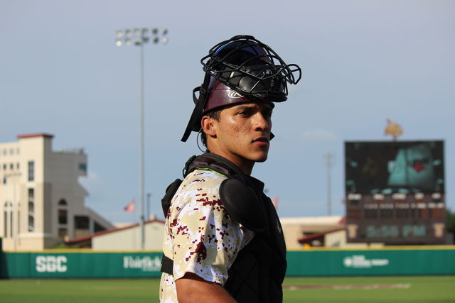 Texas State junior catcher August Ramirez (18) walks onto the field before the game starts, Tuesday, May 3, 2023, at Bobcat Stadium.
