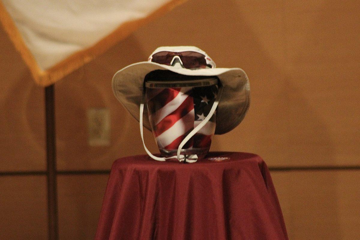 Cadet Austin Salyer’s urn on display during a celebration of life ceremony hosted by the Texas State Army ROTC and the Military Science Department, Friday, Nov. 12, 2021, at the Performing Art Center’s Recital Hall. Salyer was killed on Sept. 16 after negligent gunfire struck through his room at The Lyndon apartments in San Marcos. He was a junior studying criminal justice and military science at Texas State. 