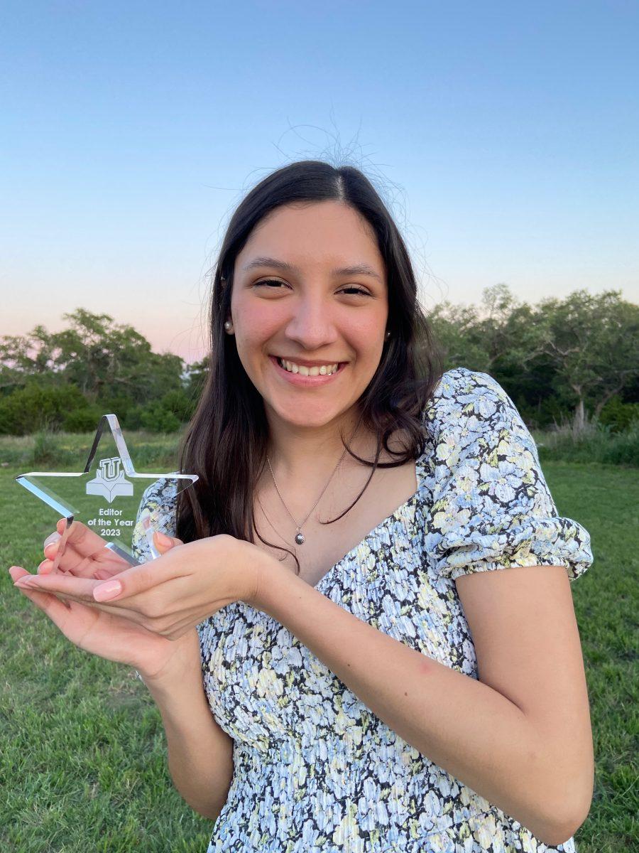 Texas+State+journalism+senior+Sarah+Hernandez+smiles+with+her+Editor+of+the+Year+award%2C+Saturday%2C+April+29%2C+2023+at+The+Star+Awards+in+Wimberley%2C+Texas.