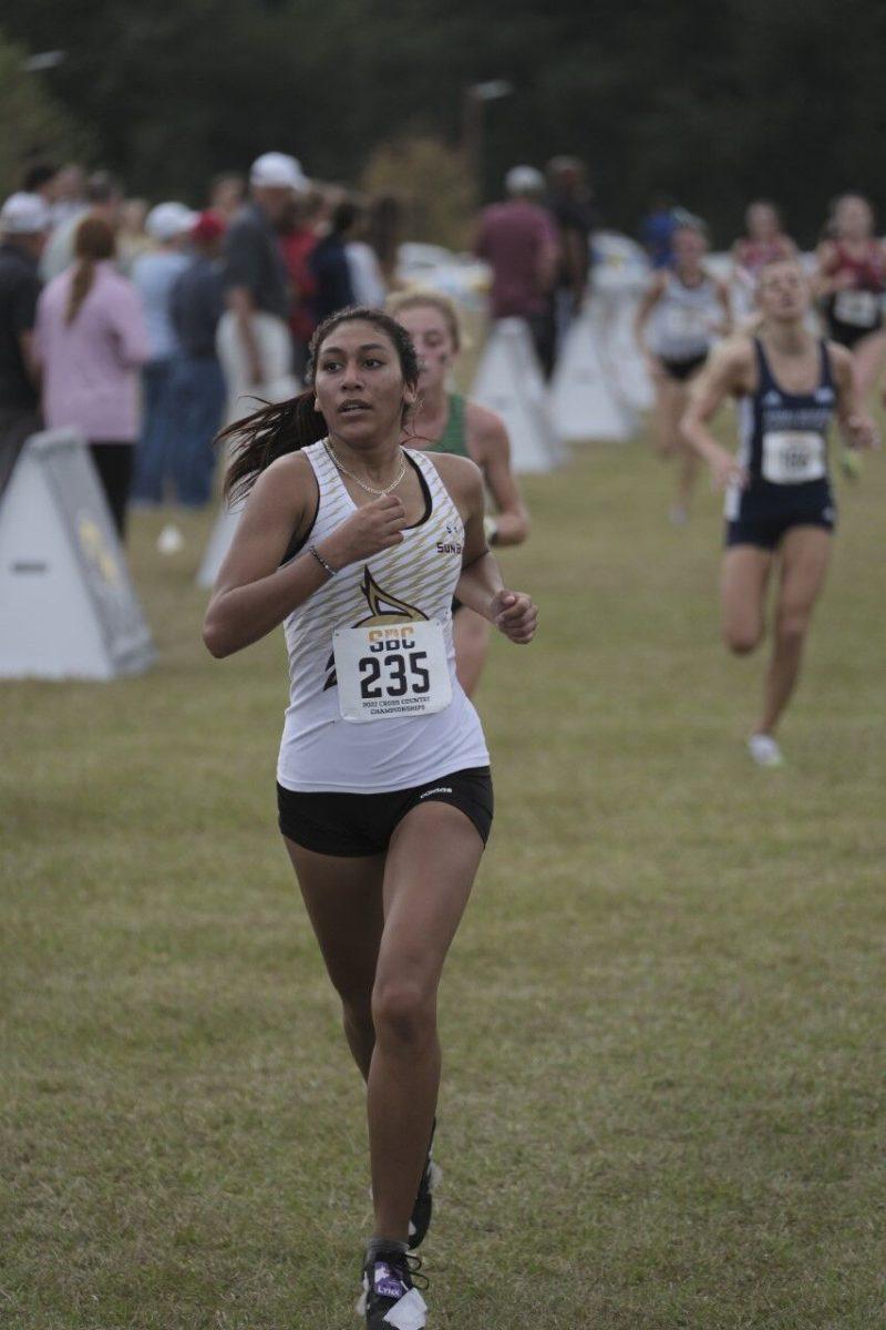 Freshman runner Abigail Parra runs in the 2022 Sun Belt Cross Country Championship, Friday, Oct. 28, 2022, in Foley, Alabama.