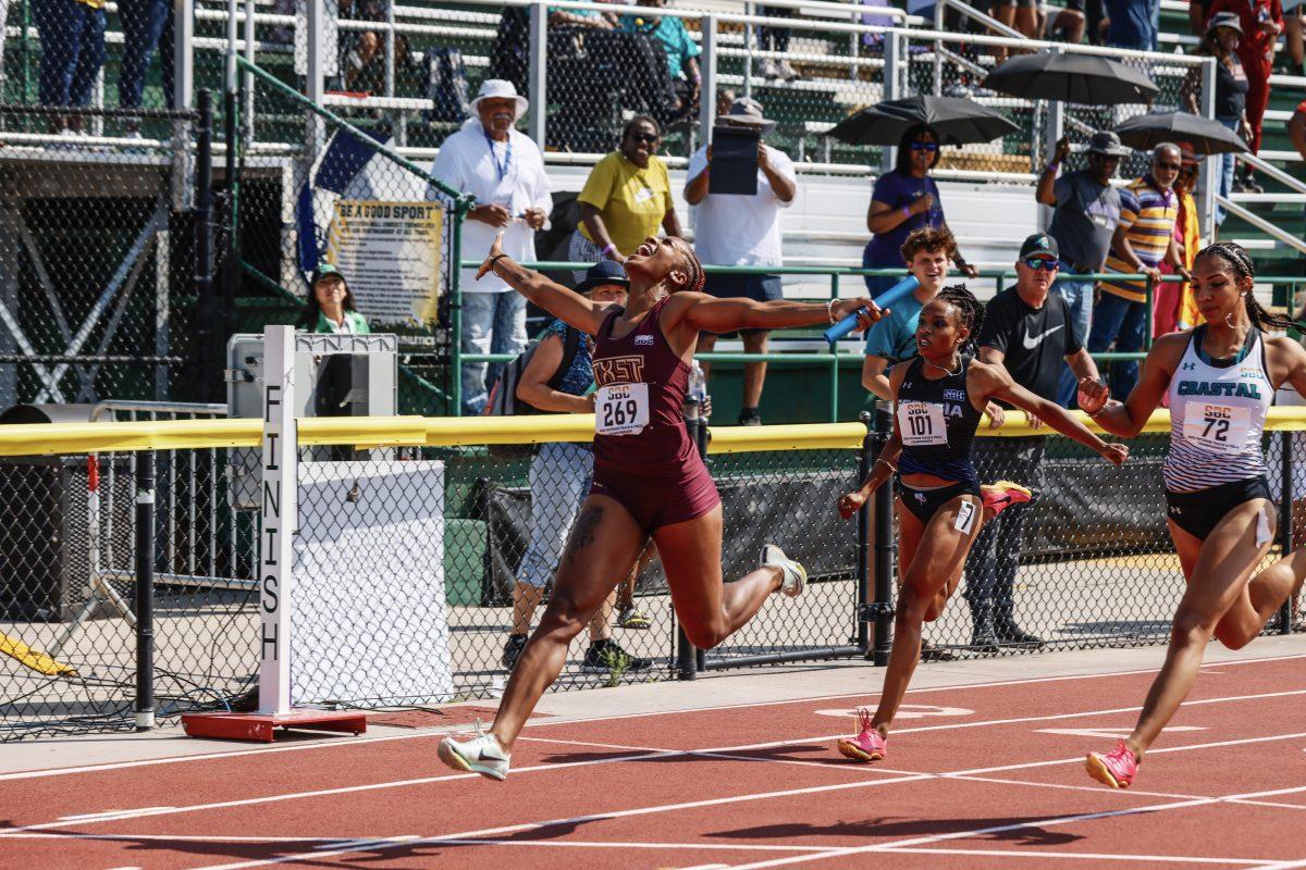 Redshirt senior sprinter Sedrickia Wynn emotionally celebrates as she finishes in first place in the womens 4x100 relay at the 2023 Sun Belt Conference Outdoor Championships, Saturday, May. 13, 2023. 