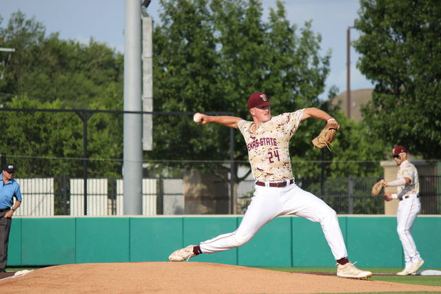 Texas State junior pitcher Peyton Zabel (24) practices his pitching before the game, Tuesday, May 3, 2023, at Bobcat Stadium.