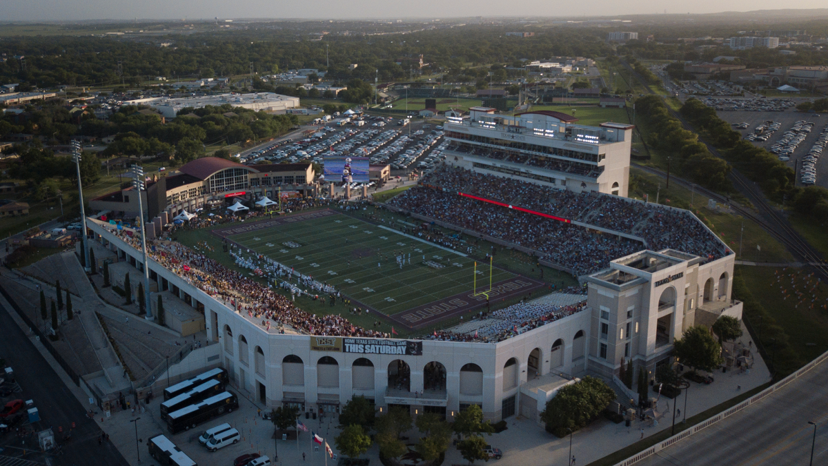 A photo of Bobcat Stadium during a football game on the campus of Texas State University. 