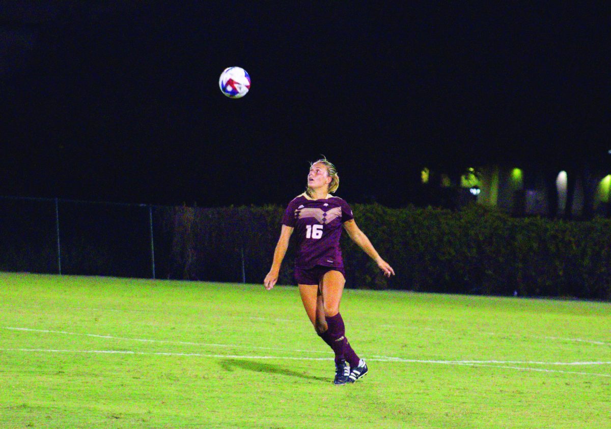 Texas State sophomore defender/forward Addison Peters (16) goes to trap the ball and gain possession against North Texas, Thursday, Aug. 24, 2023, at Bobcat Soccer Complex. 