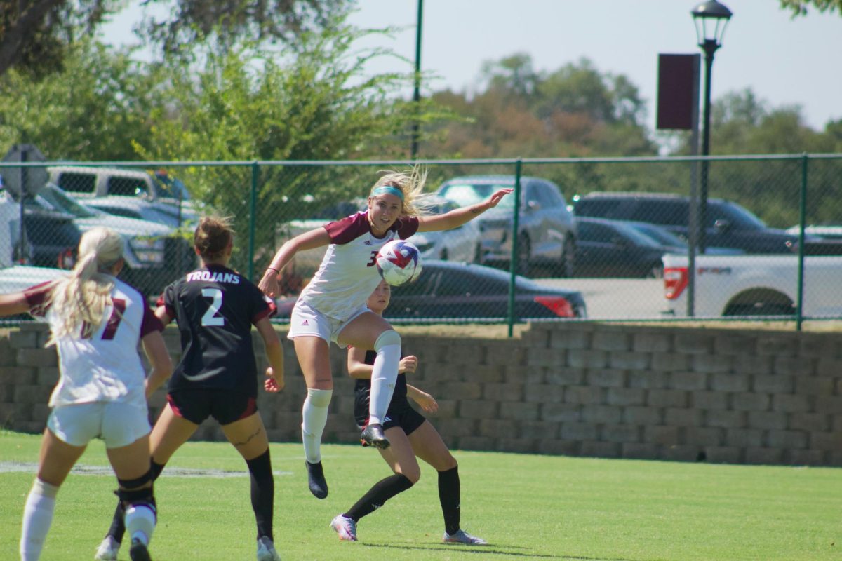 Texas State junior defender Lucy Hart (3) traps the ball and gains possession during the game against Troy, Sunday, Sept. 24, 2023, at Bobcat Soccer Complex.