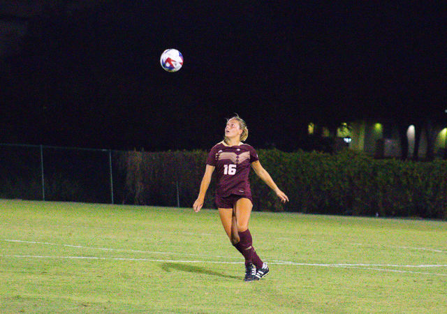 Texas State forward sophomore Addison Peters (16) goes to head the ball in order to gain possession during the game against North Texas, Thursday, Aug. 24, at Bobcat Soccer Complex.