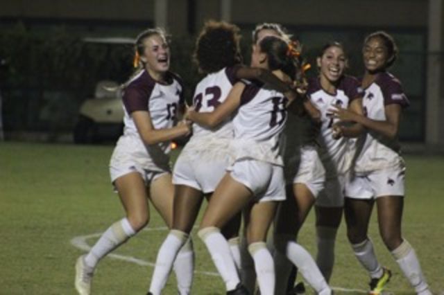 The Texas State soccer team celebrate its first goal scored by junior midfielder Chloe Jones (13) during the game against Old Dominion, Thursday, Oct. 19, 2023 at Bobcat Soccer Complex.
