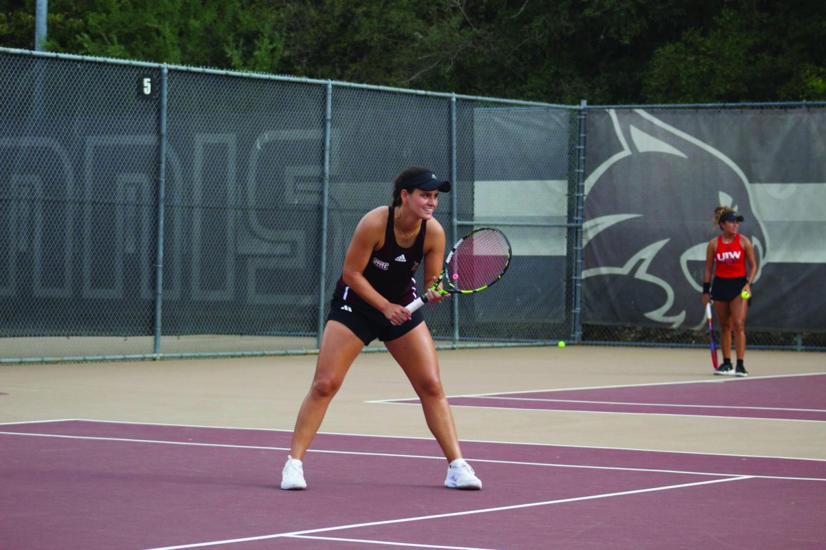 Texas State junior tennis player Sofia Fortuno eyes her opponent, Saturday, Sept. 30, 2023, at Bobcat Tennis Complex. 