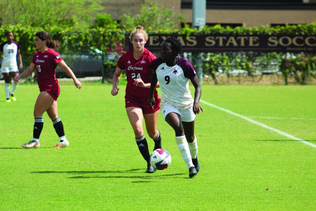 Texas State sophomore forward Mady Soumare (9) looks for an open pass during the game against Louisiana-Lafayette, Sunday, Sept. 17, 2023, at Bobcat Soccer Complex. 