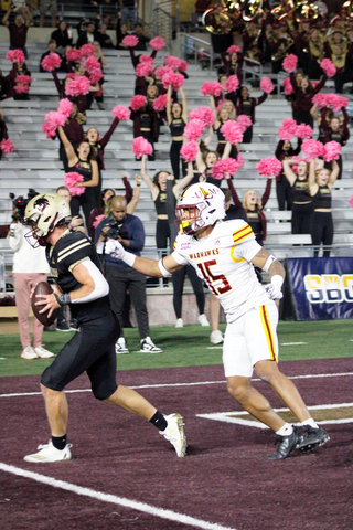 Texas State junior wide-receiver Joey Hobert (10) scores in the FOURTH quarter against the Louisiana-Monroe Warhawks, Saturday, Oct. 14, 2023, at Bobcat Stadium. 