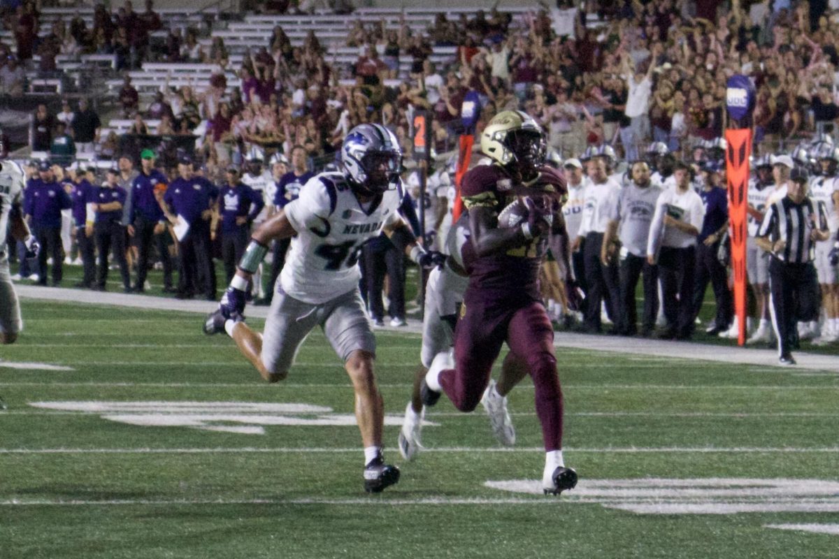 Texas State sophomore running back Ismail Mahdi (21) races down the field into the end zone, Saturday, Sept. 23, 2023, at Bobcat Stadium.