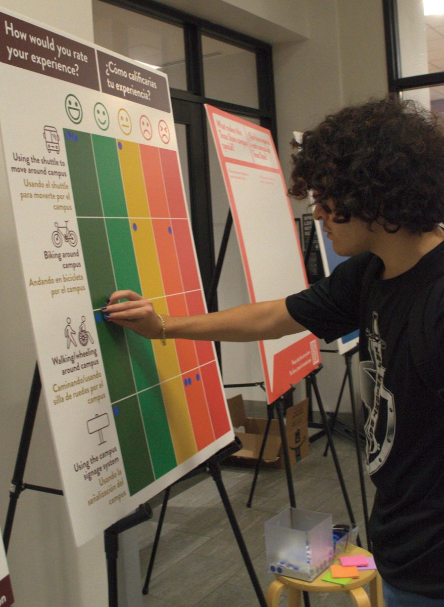 Texas State urban planning freshman Xavier Hernandez voices his opinion on campus walking at the open house, Thursday, Oct. 26, 2023, at the LBJ Marketplace.