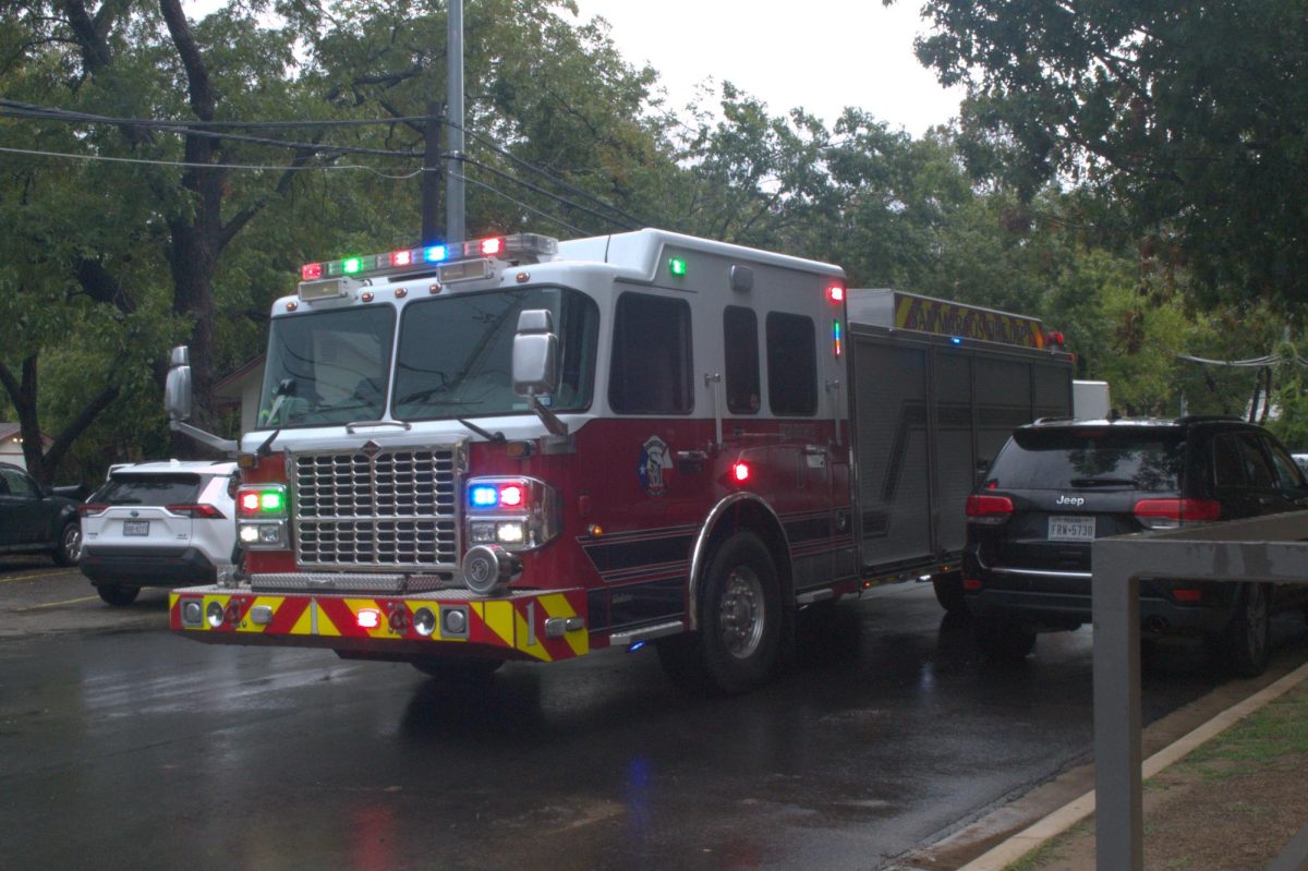 A fire truck is called to handle fire alarms going off at The Vistas during the flooding, Thursday, Oct. 26, 2023, in San Marcos.