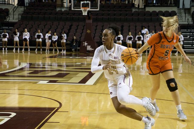 Texas State graduate student guard Timia Jefferson (24) dribbles to the basket against Bowling Green, Saturday, Nov. 11, 2023, at Strahan Arena.