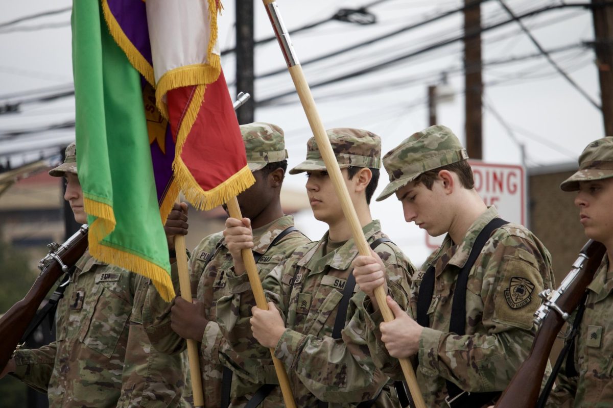 San Marcos Academy Corp of cadets march at the Veterans Day Parade, Saturday, Nov. 11, 2023, in Downtown San Marcos.