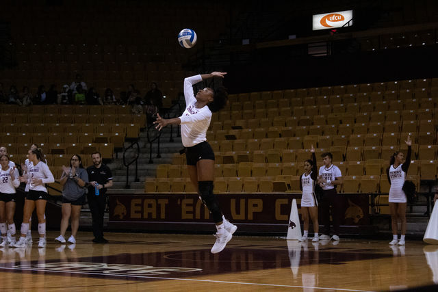 Texas State graduate student outside hitter KJ Johnson (17) serves the ball in to play during the game against Coastal Carolina, Friday, Nov. 10, 2023 at Strahan Arena.
