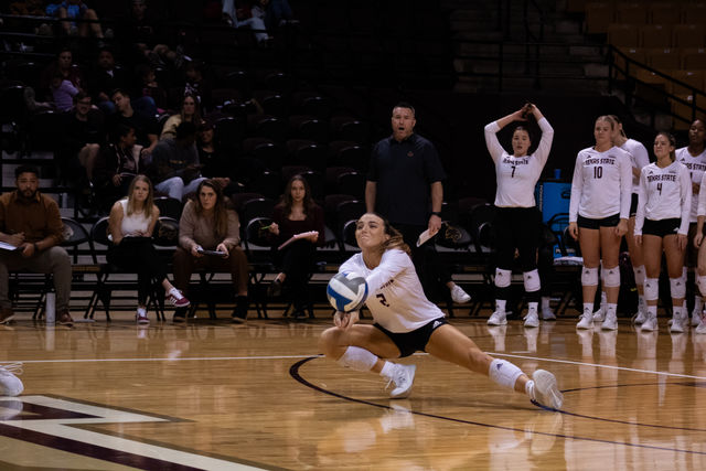 Texas State sophomore outside hitter Maggie Walsh (2) saves the ball during the game against Coastal Carolina, Friday, Nov. 10, 2023 at Strahan Arena.