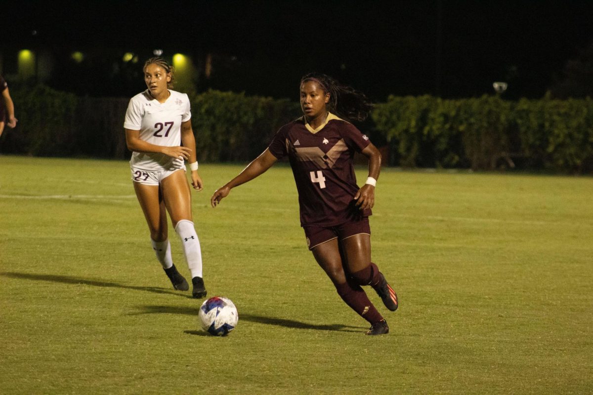 Texas State freshman midfielder Victoria Meza (4) dribbles the ball down the side of the field during the game against TSU, Thursday, Sept. 7, 2023, at Bobcat Soccer Complex.